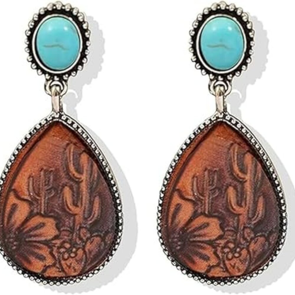 Boho‎ Western Earrings Country Oval Silver Turquoise Rodeo Cowgirl Cactus